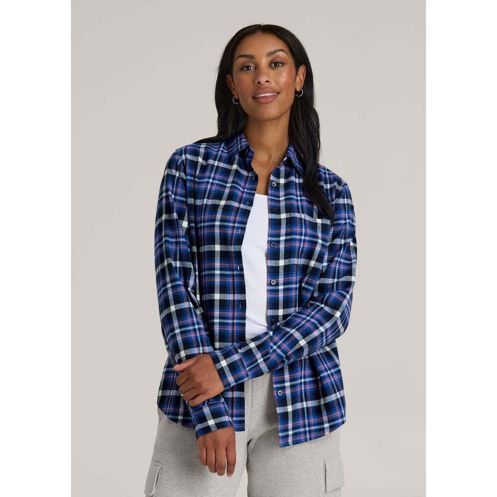 American Tall Flannel Button-Up Shirt for Tall Women in Cobalt, Navy, and Peach